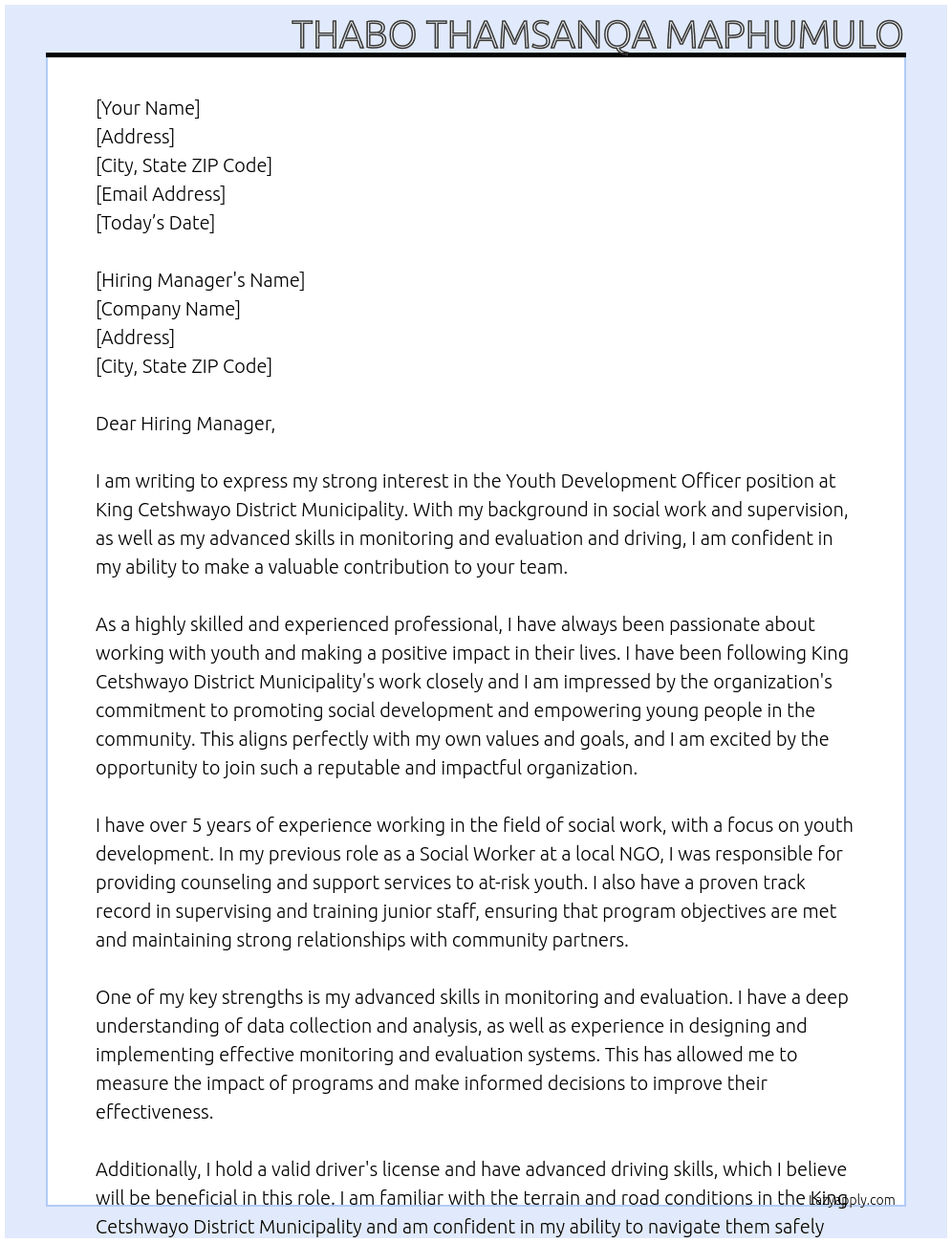 Youth Development Officer At King Cetshwayo District Municipality Cover Letter