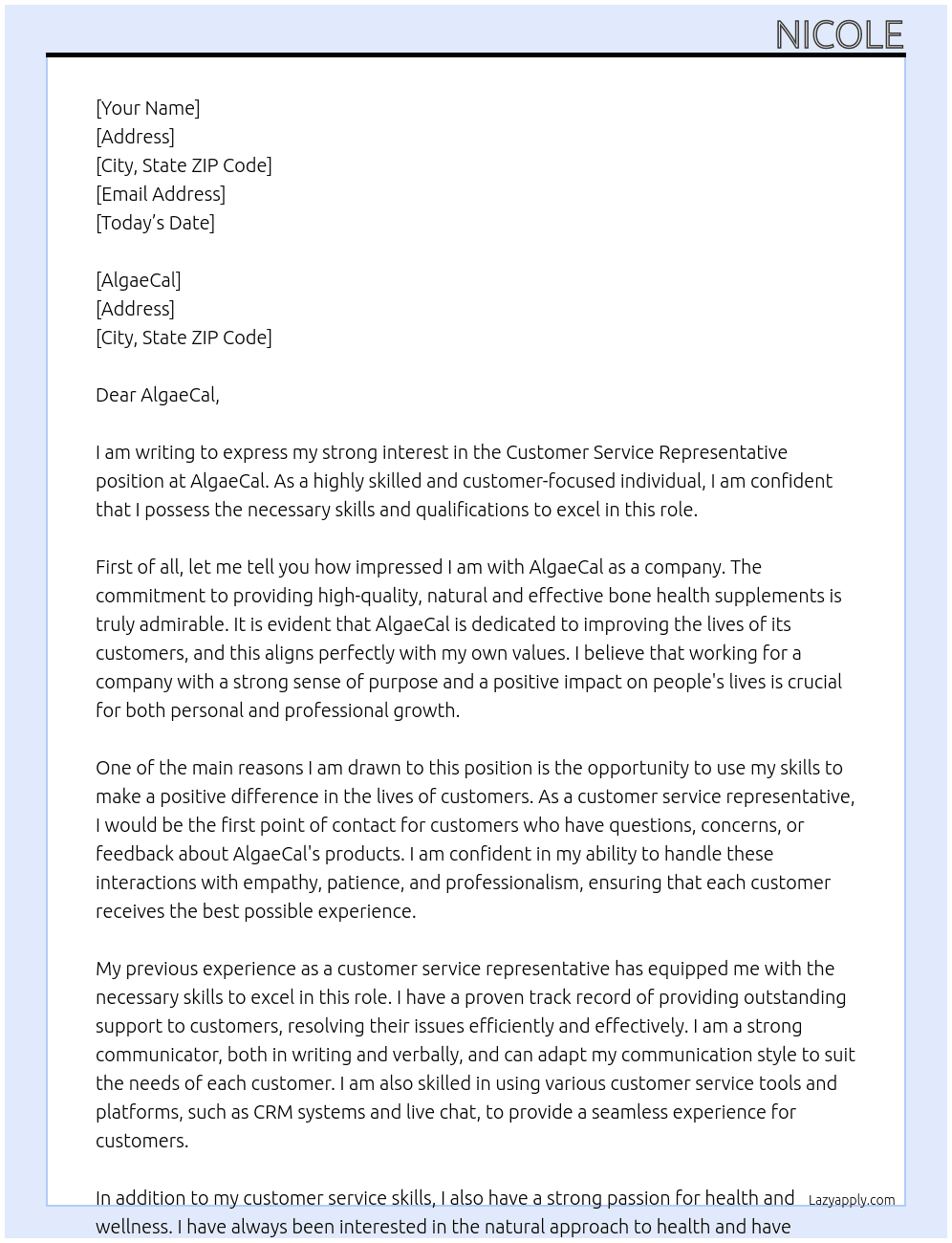 Customer service representative  At AlgaeCal Cover Letter