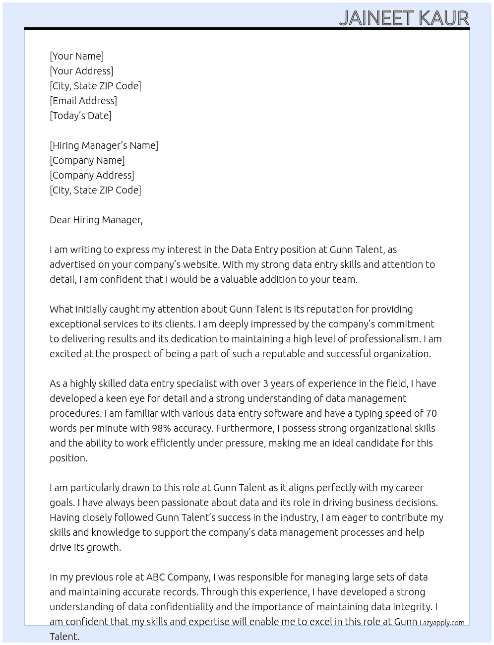 Data Entry  At Gunn Talent Cover Letter