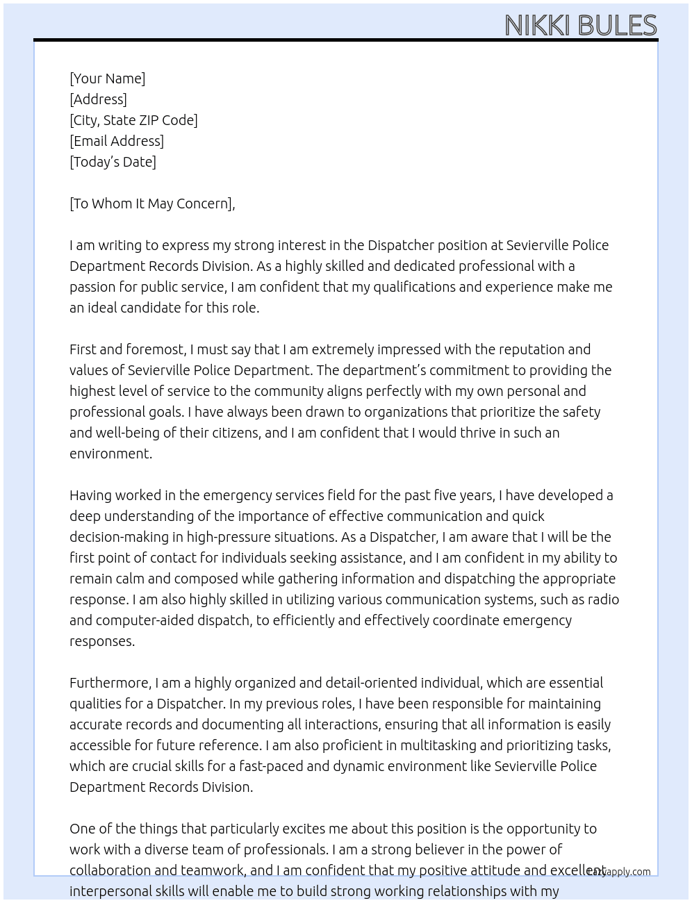 Dispatcher  At Sevierville Police Department Records Division  Cover Letter