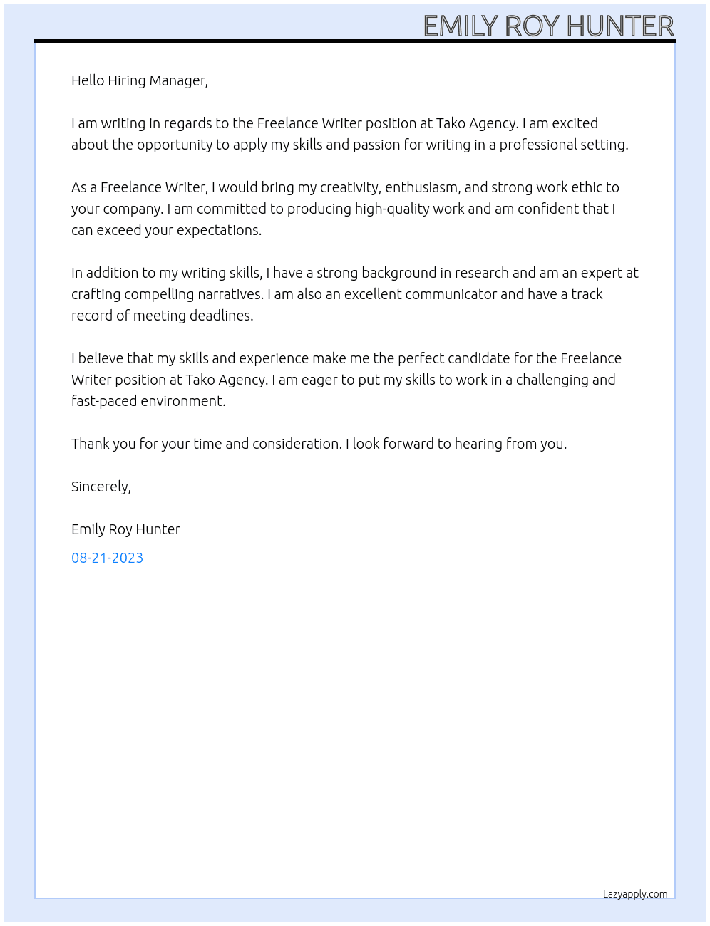 Freelance Writer At Tako Agency Cover Letter
