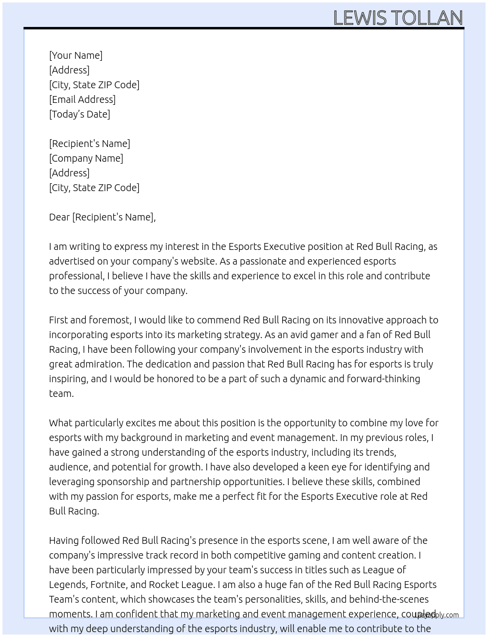 Esports Executive At Red Bull Racing Cover Letter