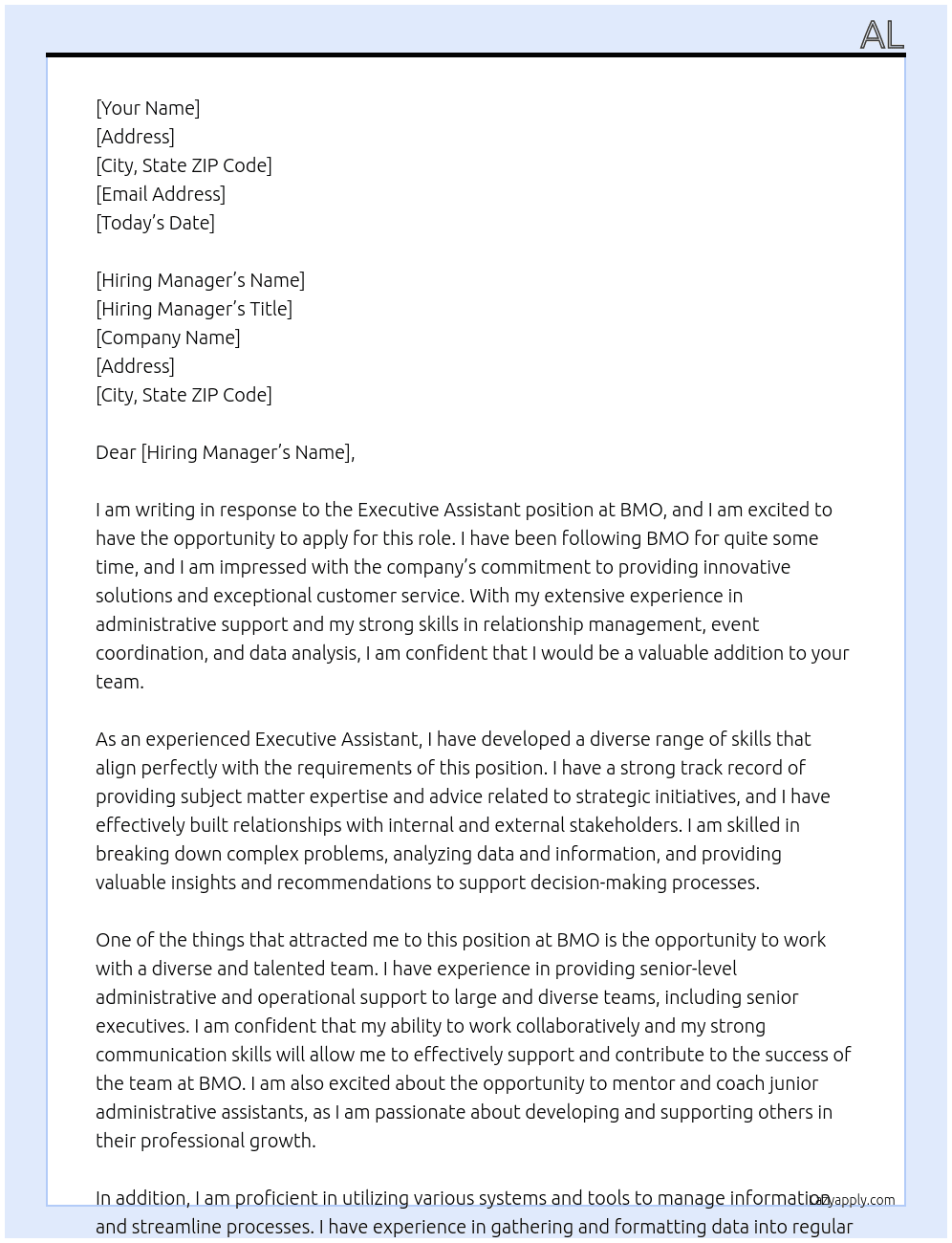 Executive Assistant At BMO Cover Letter