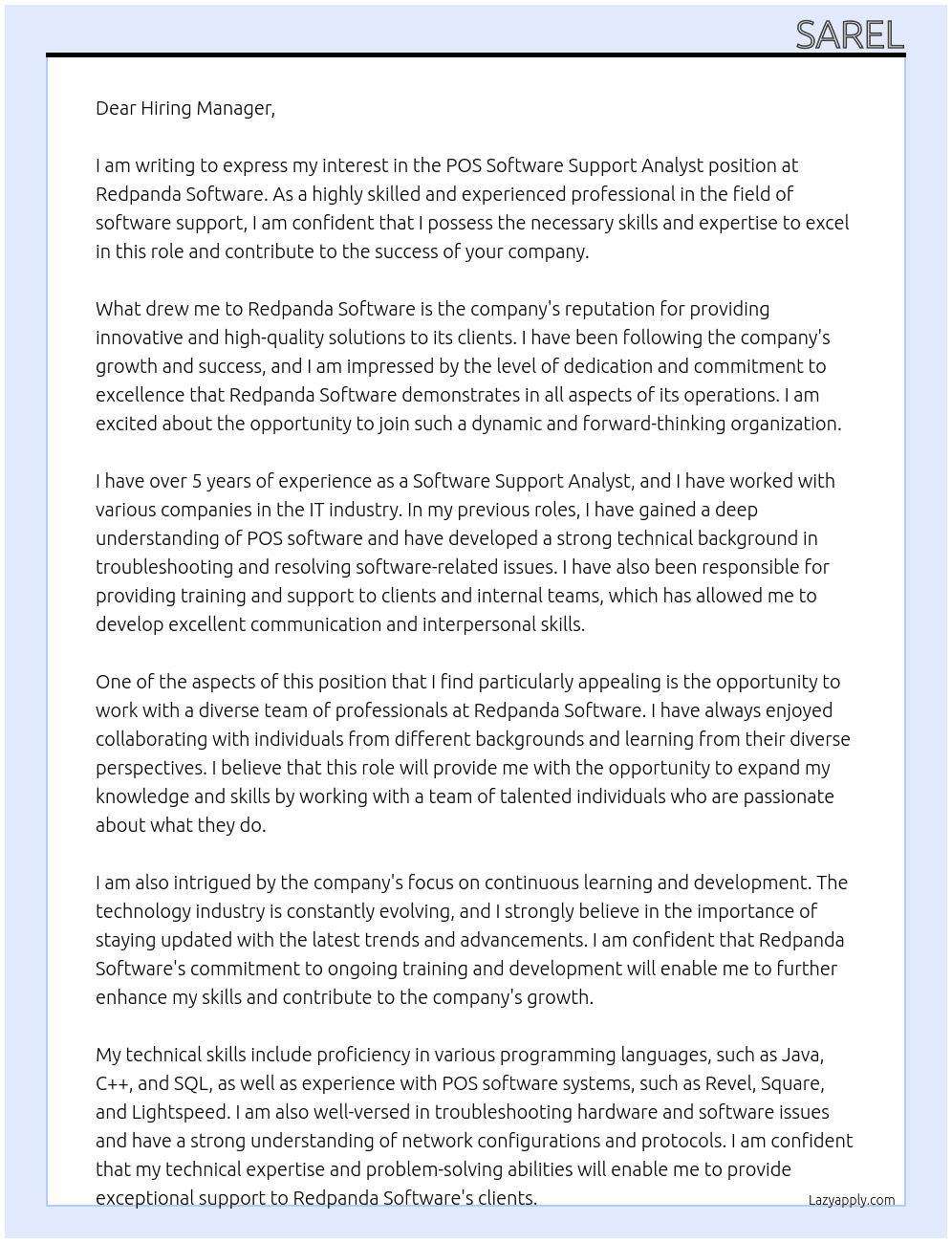 POS Software Support Analyst  At Redpanda Software Cover Letter