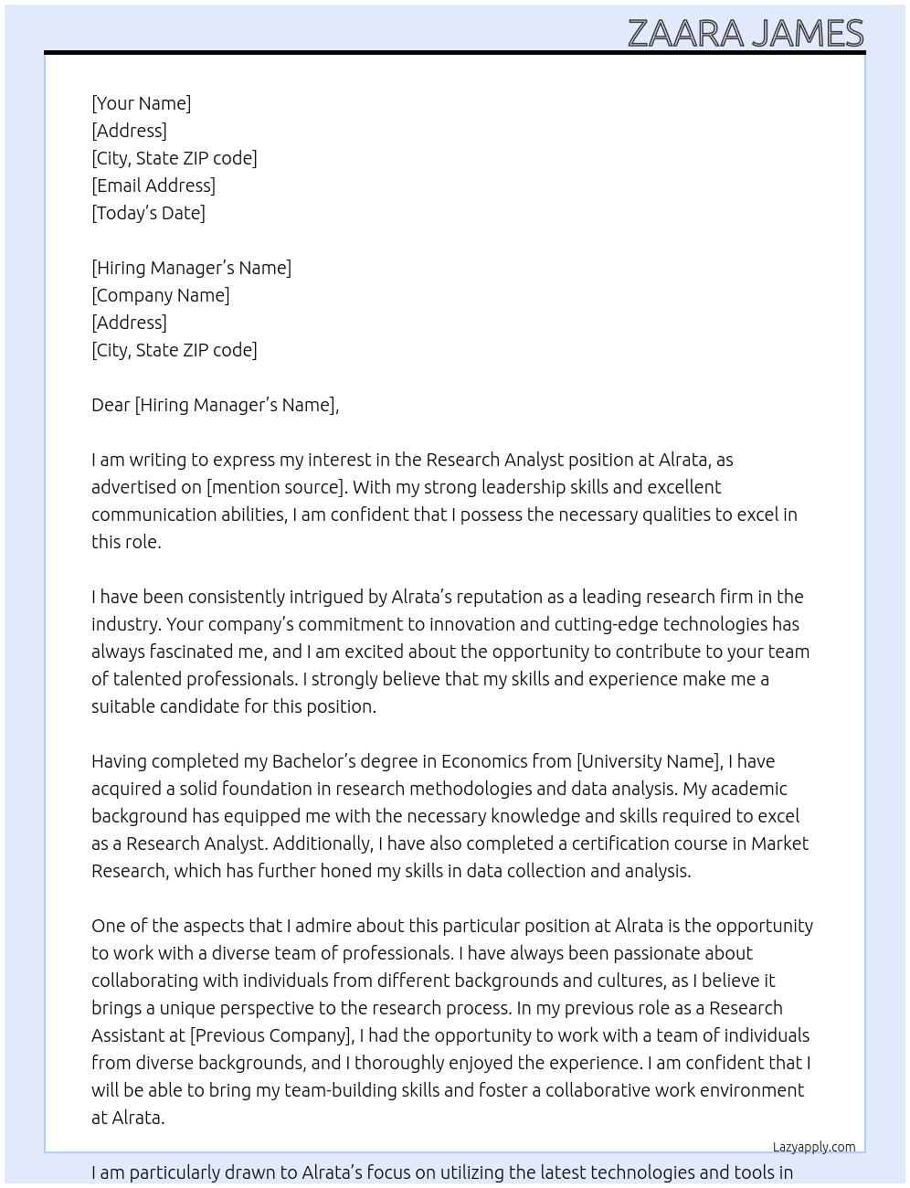 Research Analyst At Alrata Cover Letter