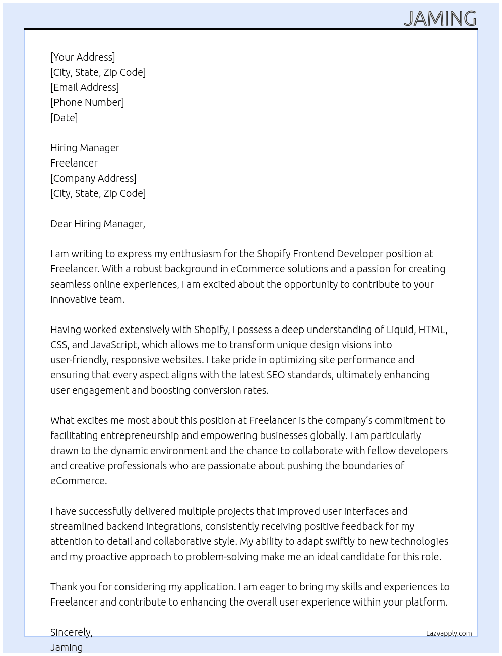 Shopify Frontend Develop At Freelancer Cover Letter