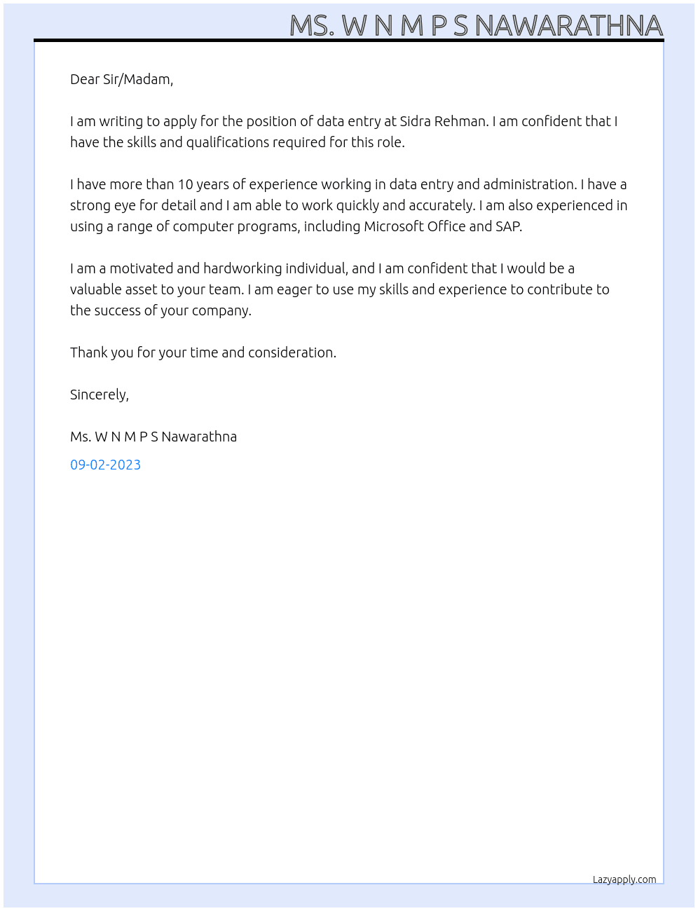 data entry At Sidra Rehman Cover Letter