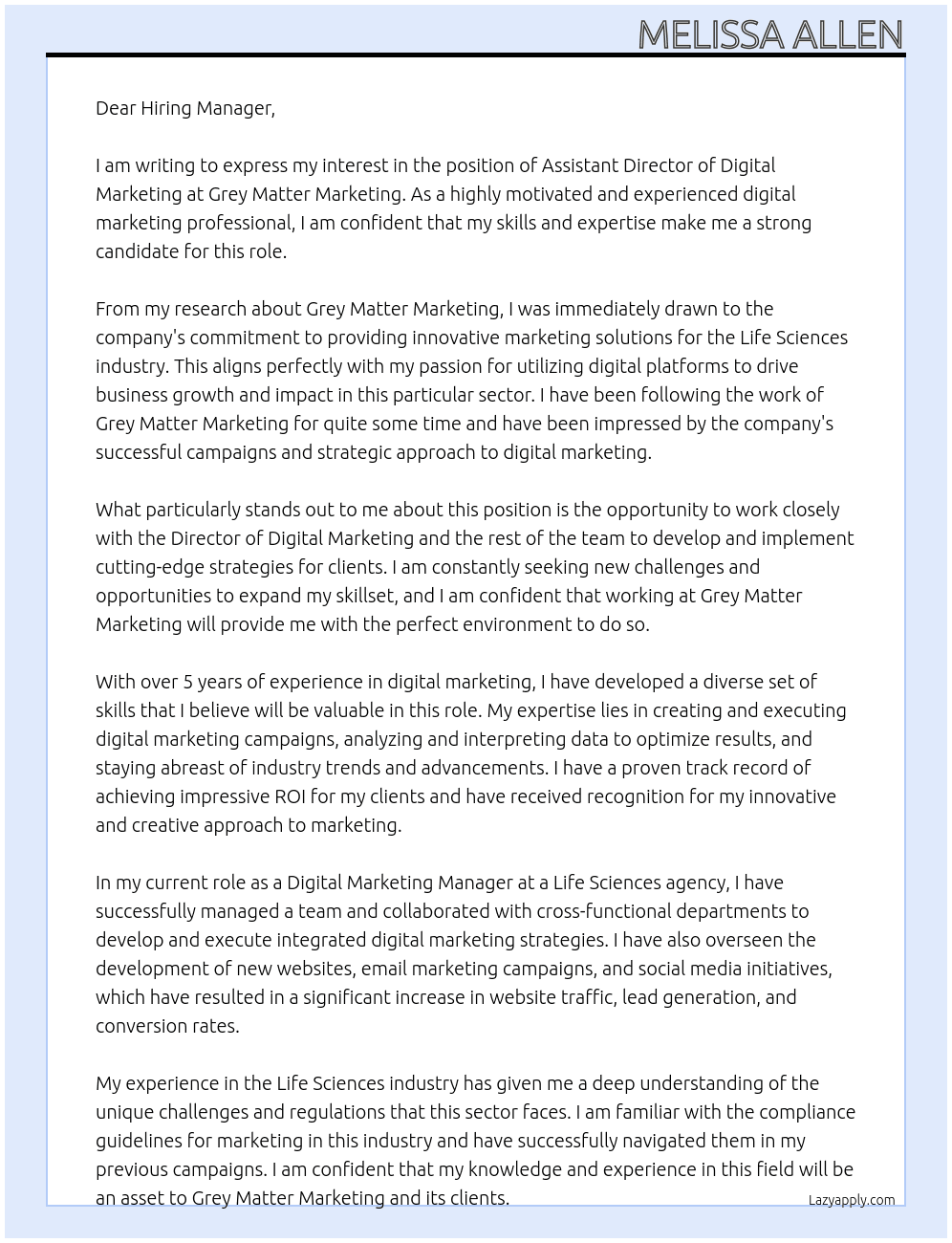 Assistant Director of Digital Marketing, Life Sciences Agency At Grey Matter Marketing  Cover Letter