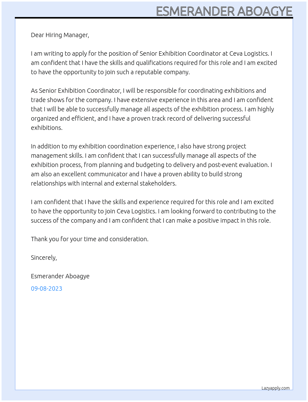 SENIOR EXHIBITION COORDINATOR At Ceva Logistics Cover Letter