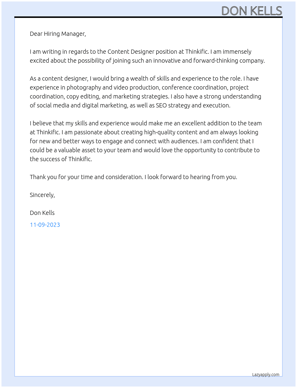 Content Designer At Thinkific Cover Letter