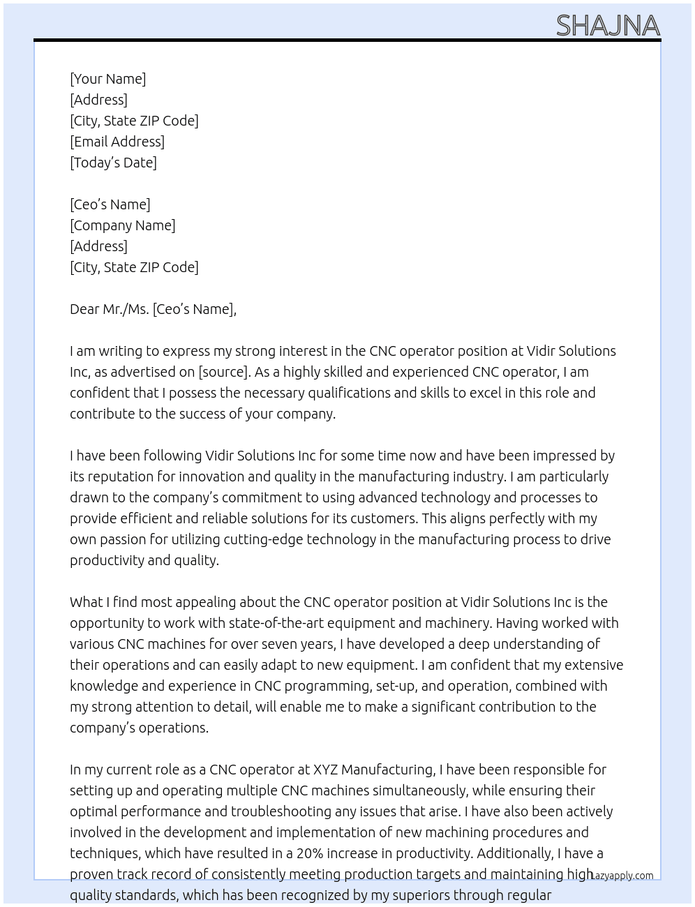 CNC operator  At Vidir Solutions Inc Cover Letter