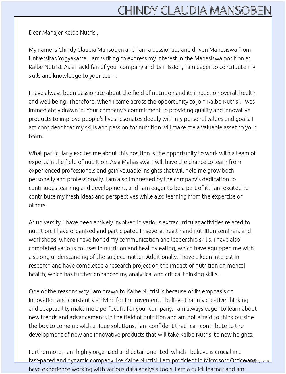 Mahasiswa Universitas Yogyakarta At Kalbe nutrisi Cover Letter