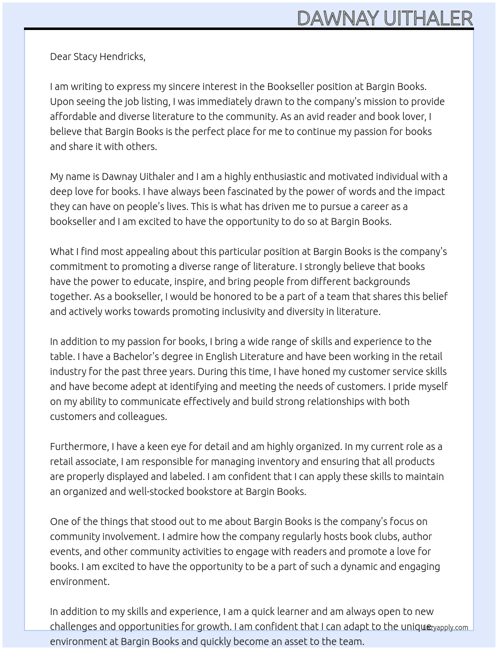 Bookseller At Bargin Books Cover Letter