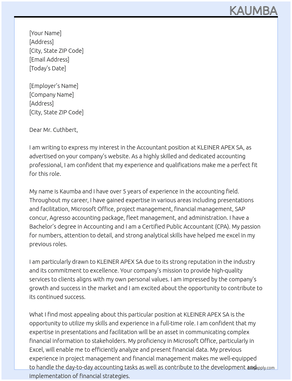 Accountant At KLEINER APEX SA Cover Letter