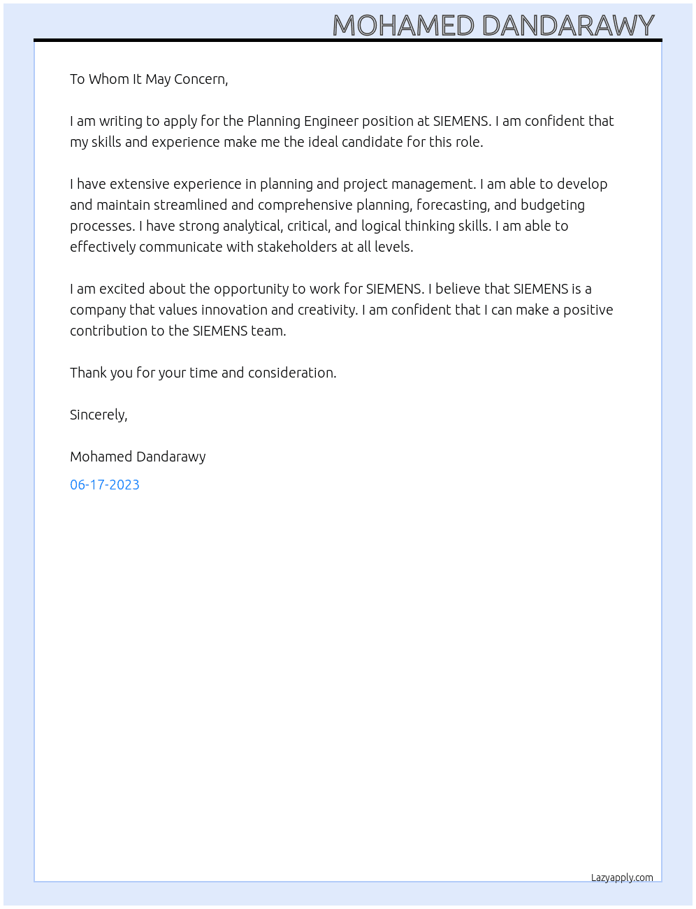 Planning Engineer  At SIEMENS  Cover Letter