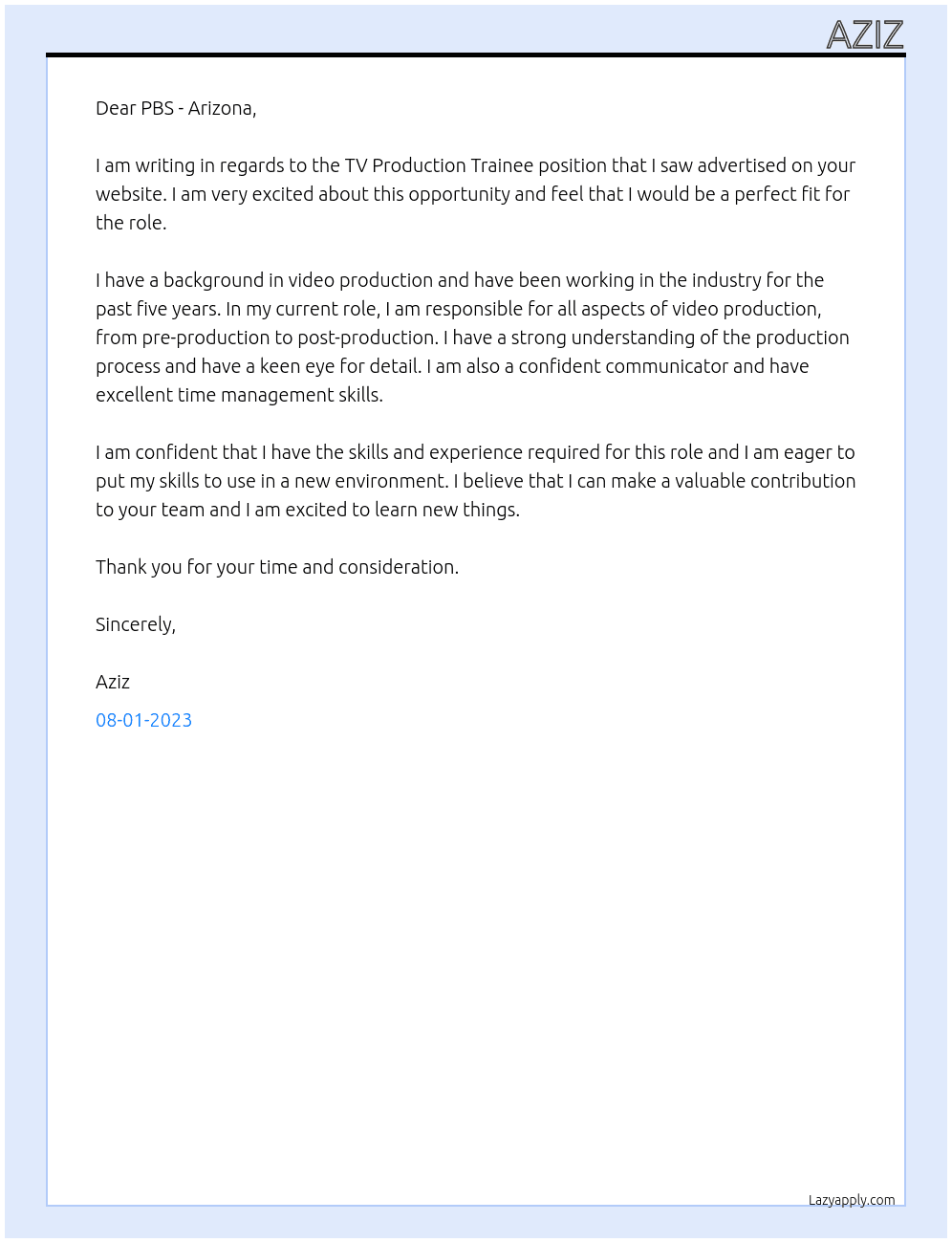 TV Production Trainee At PBS - Arizona Cover Letter