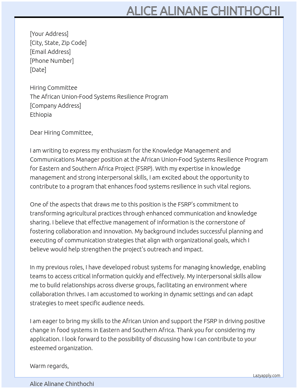 Cover letter for knowledge management and communications manager - LazyApply