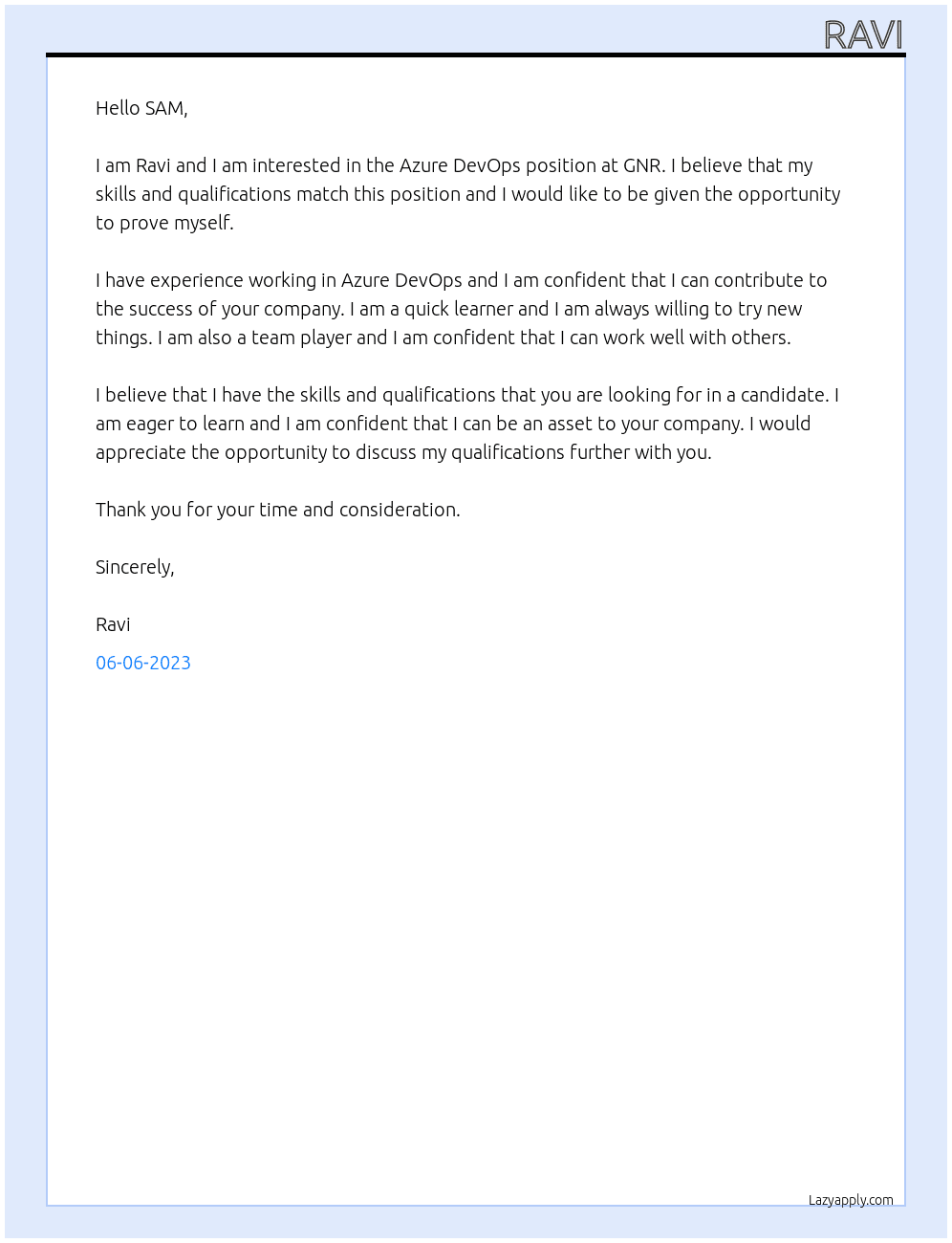 Azure DevOps  At GNR Cover Letter