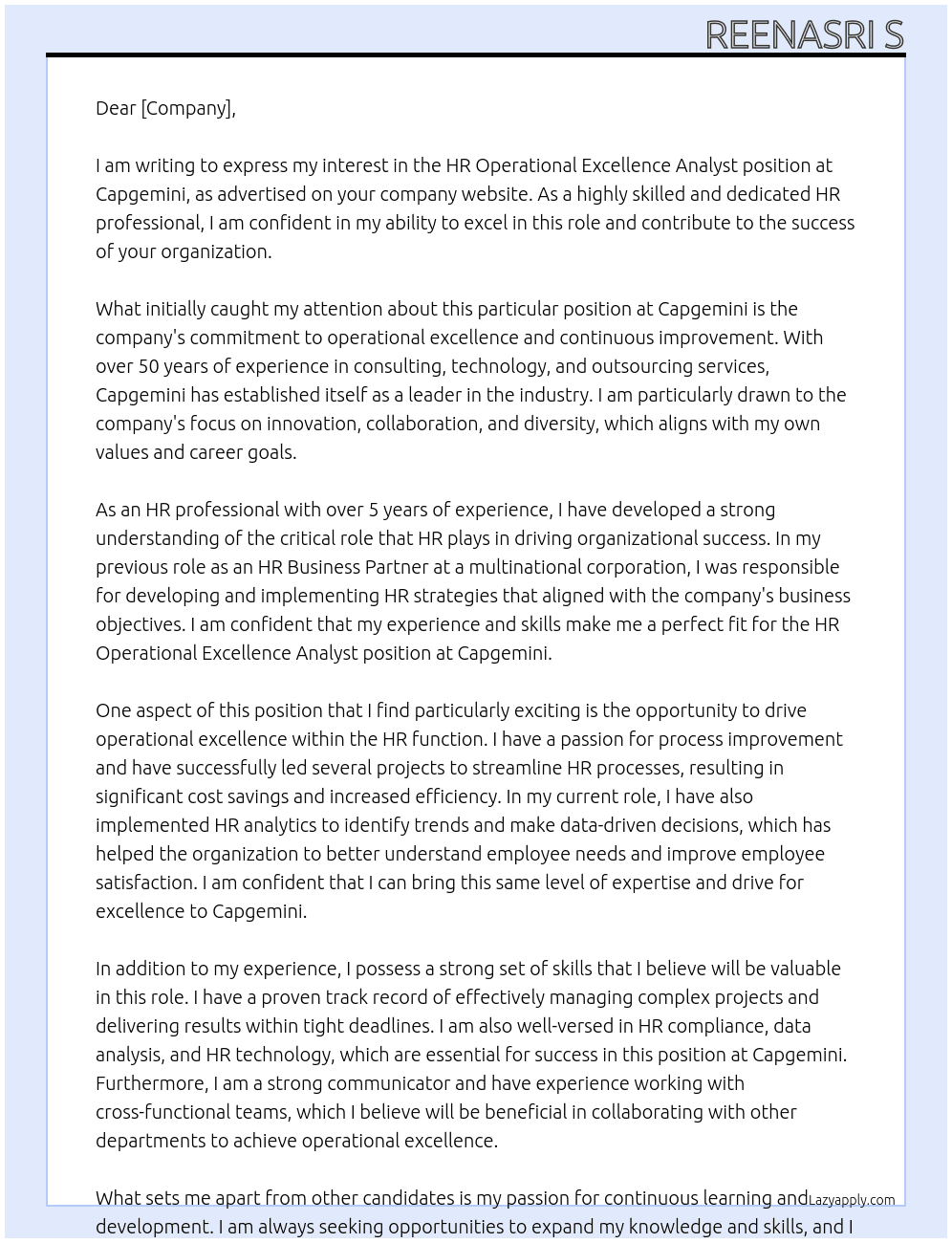  HR Operational Excellence Analyst At Capgemini Cover Letter