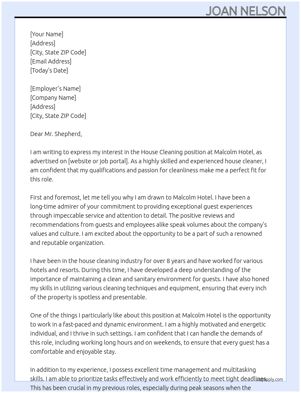House Cleaning At Malcolm Hotel Cover Letter