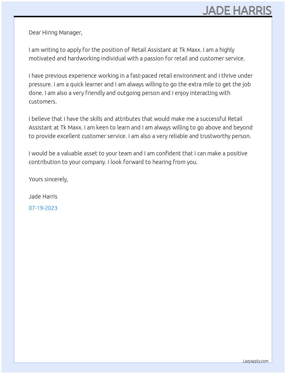 Retail Assistant At Tk Maxx Cover Letter