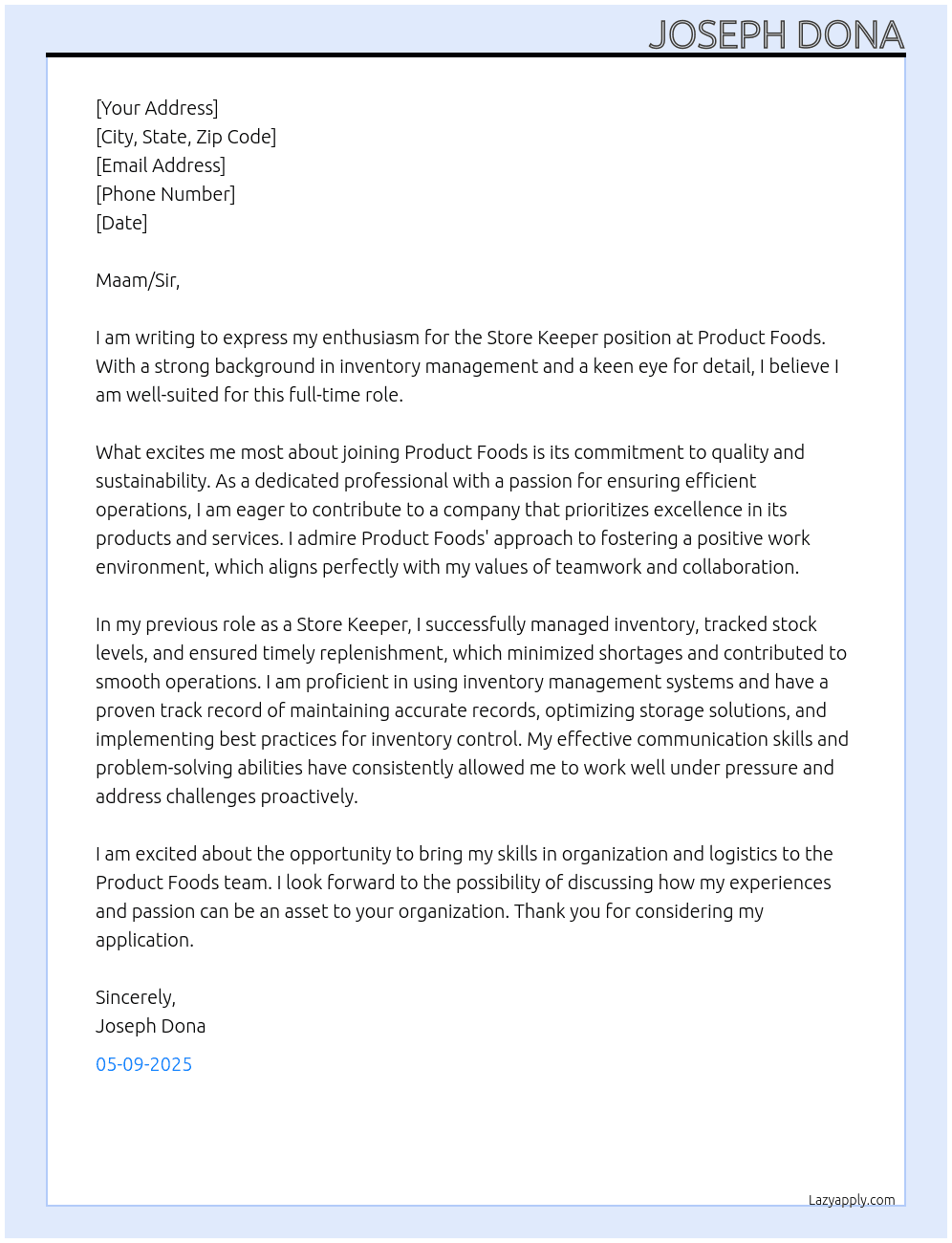 Store keeper At Product foods Cover Letter