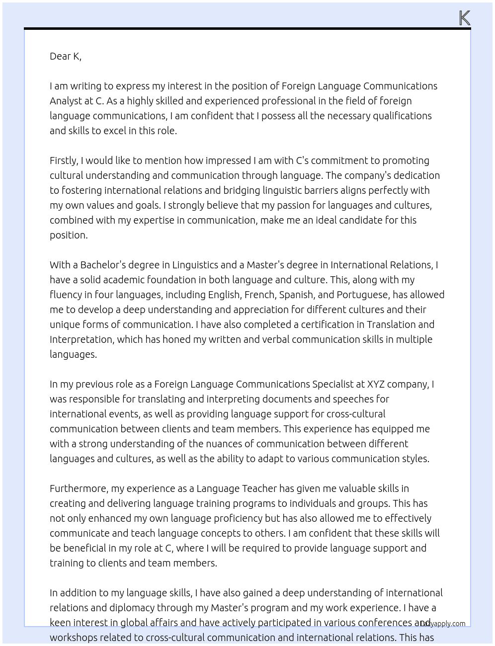 Foreign Language Communications Analyst  At C Cover Letter
