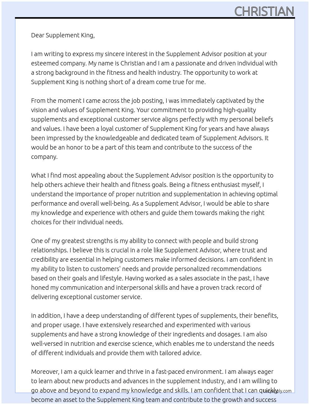 Supplement Advisor At Supplement King Cover Letter