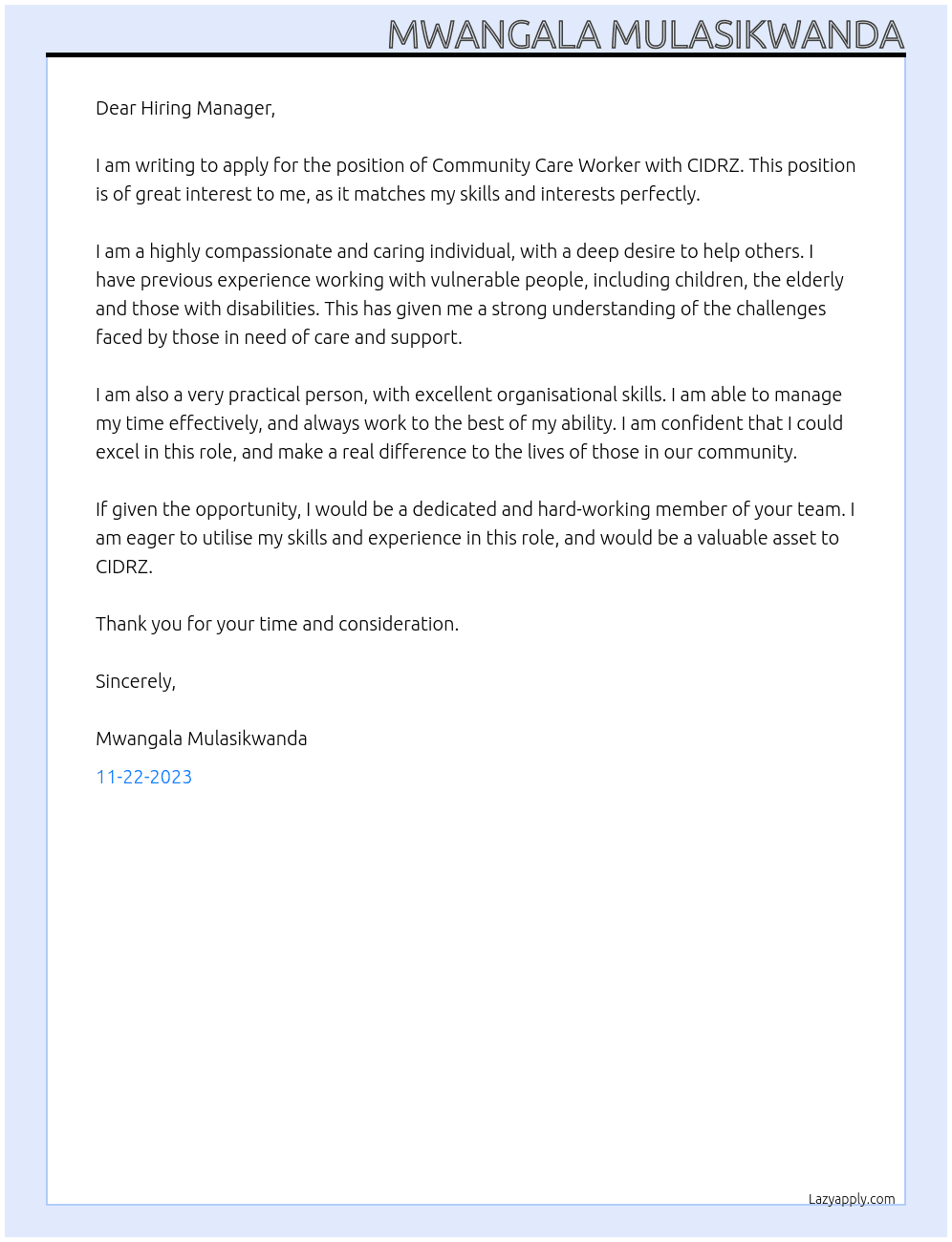 community care worker At CIDRZ Cover Letter