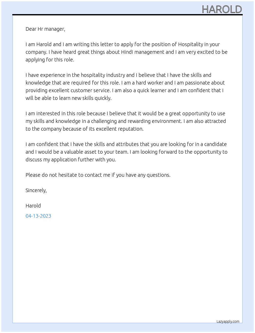 Hospitality  At Hindi management Cover Letter