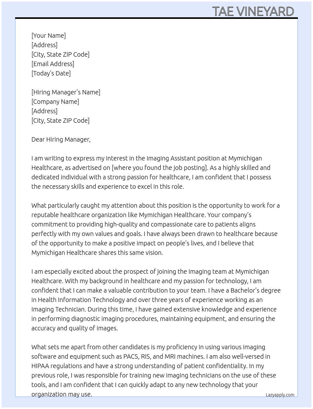 Imaging assistant  At Mymichigan Healthcare  Cover Letter