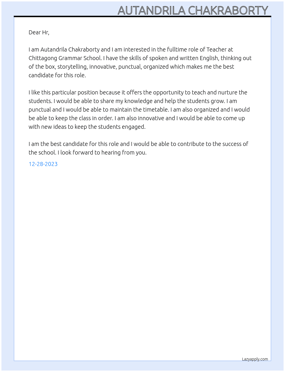 Teacher At Chittagong Grammar School  Cover Letter