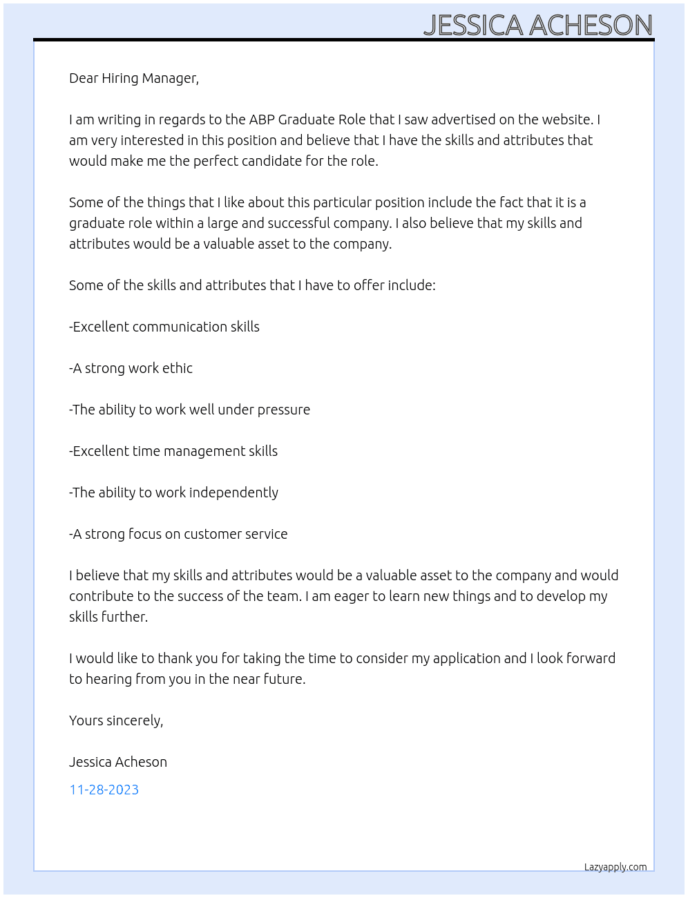 ABP Graduate Role At ABP Food Group Cover Letter