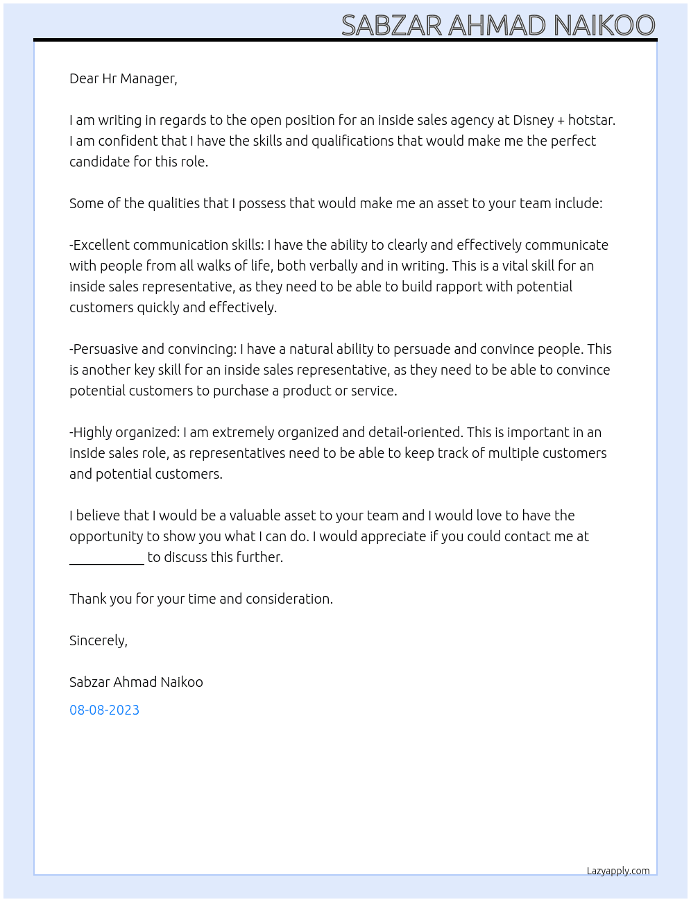 Inside sales agency  At Disney + hotstar Cover Letter