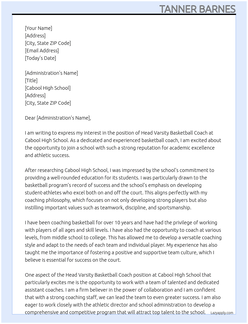 Head Varsity Basketball Coach At Cabool High School Cover Letter