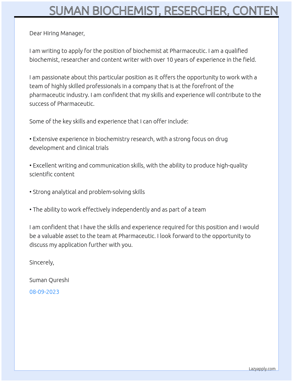 biochemist At Pharmaceutic Cover Letter