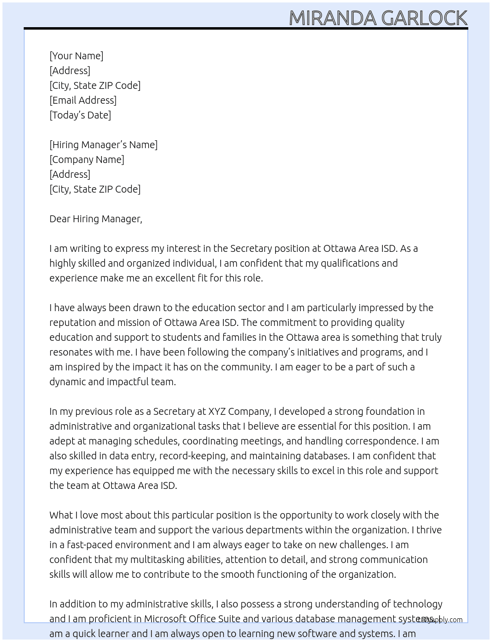 Secretary At Ottawa Area ISD Cover Letter