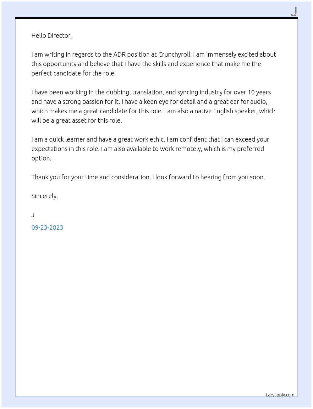 ADR At Crunchyroll Cover Letter