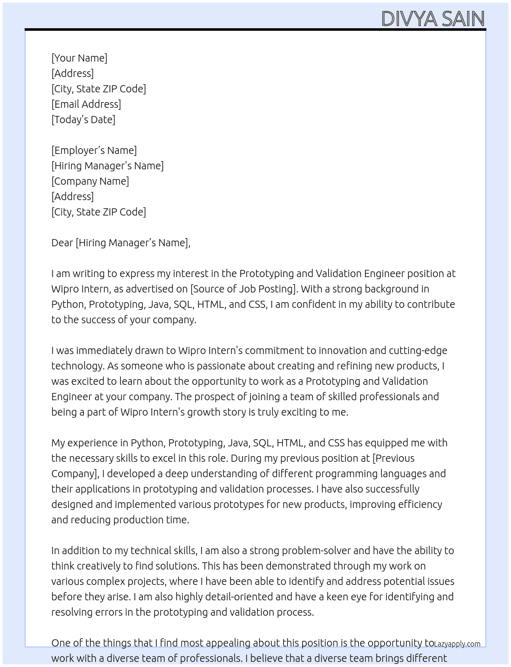 Prototyping and Validation Engineer. At wipro intern Cover Letter