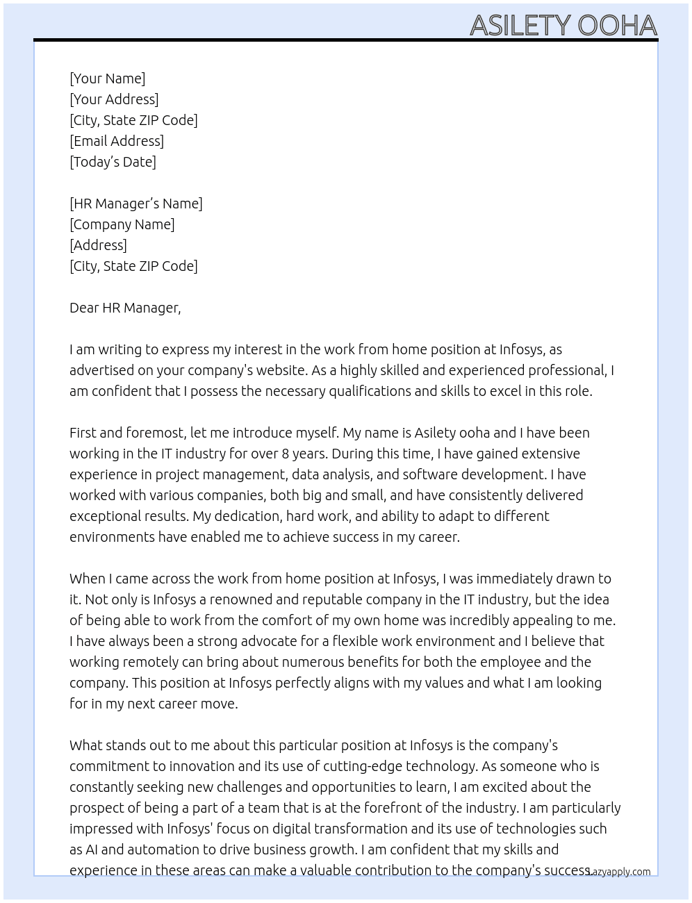 work from home At Infosys Cover Letter