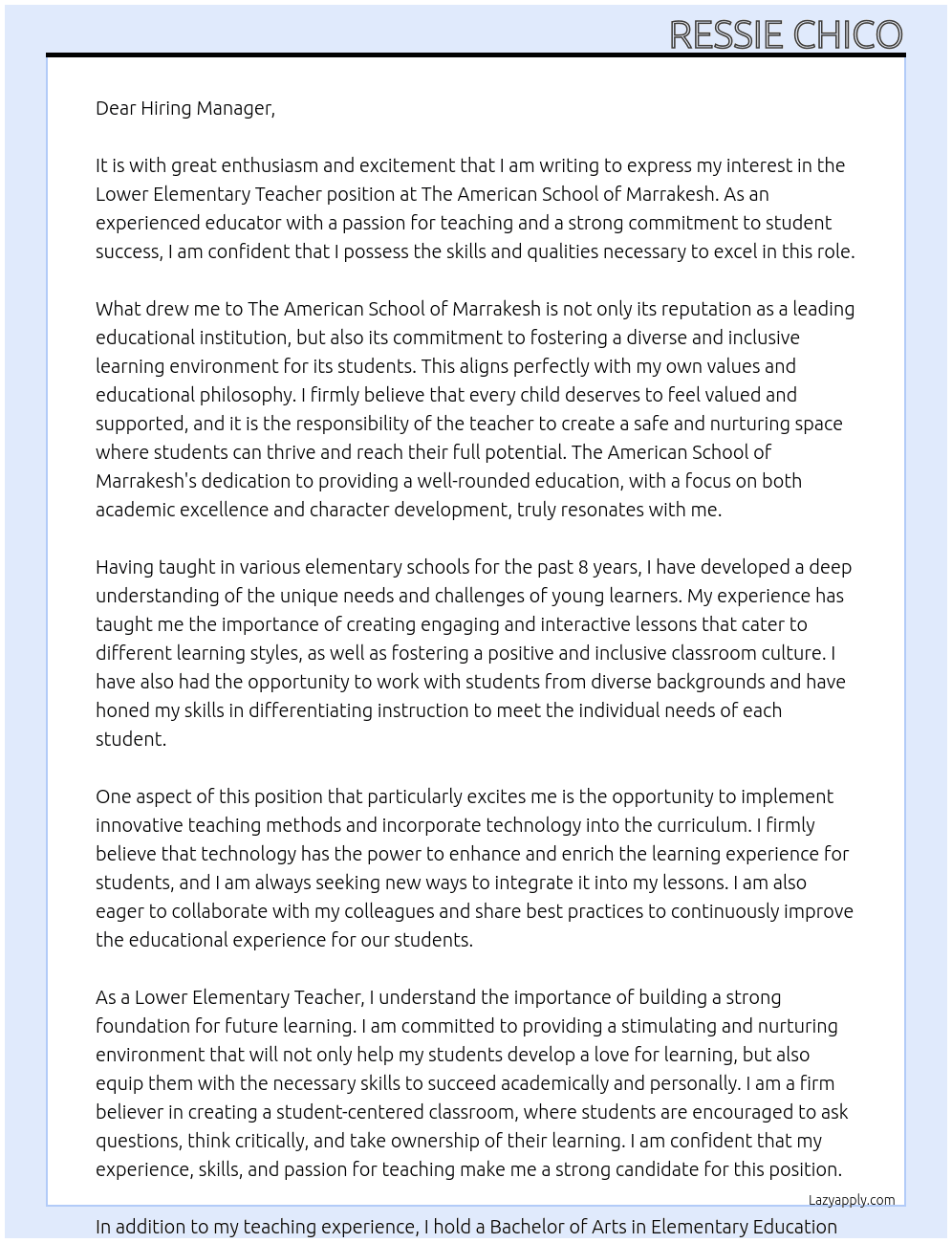 Lower Elementary Teacher At The American School of Marrakesh Cover Letter