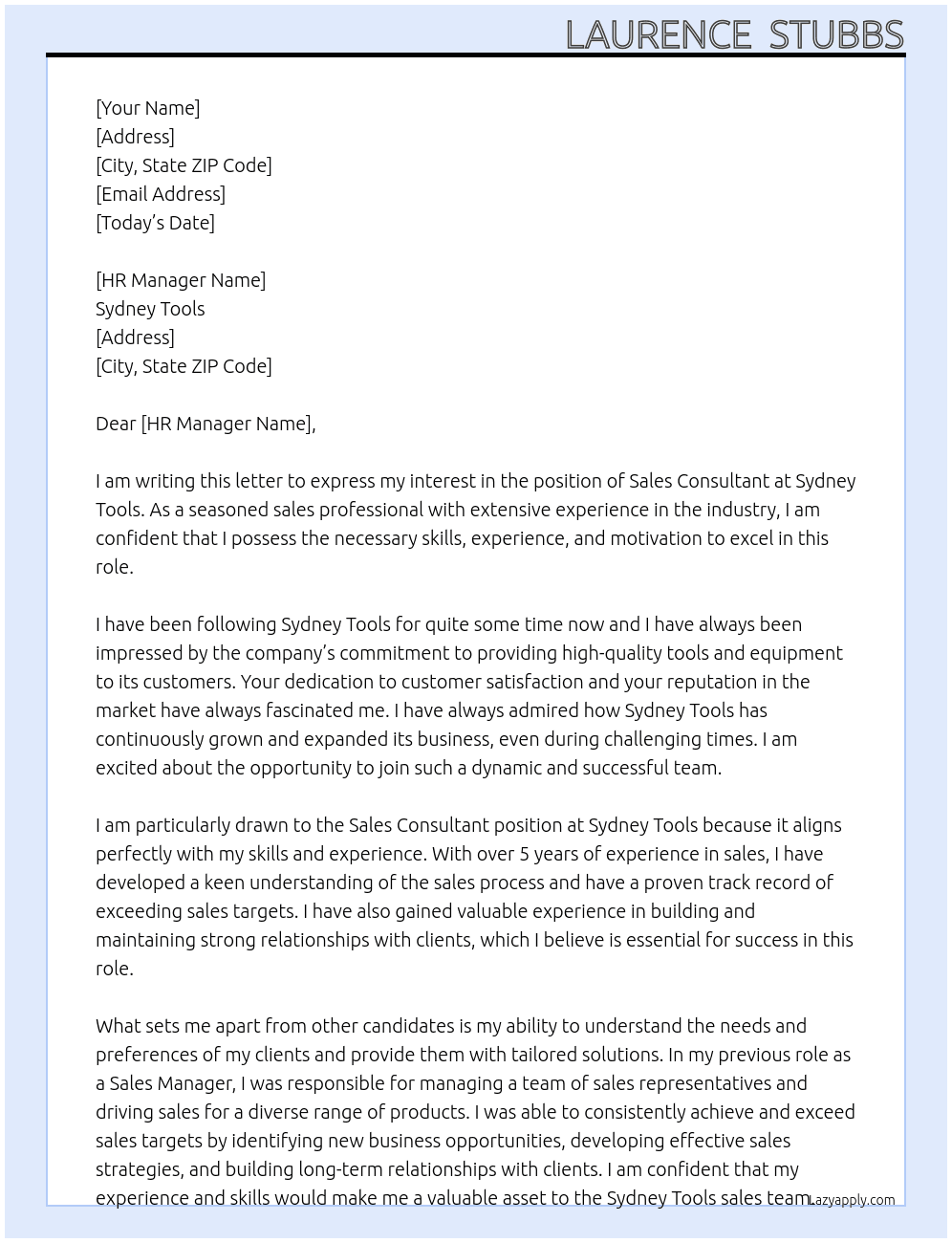 sale consultant At Sydney tools Cover Letter