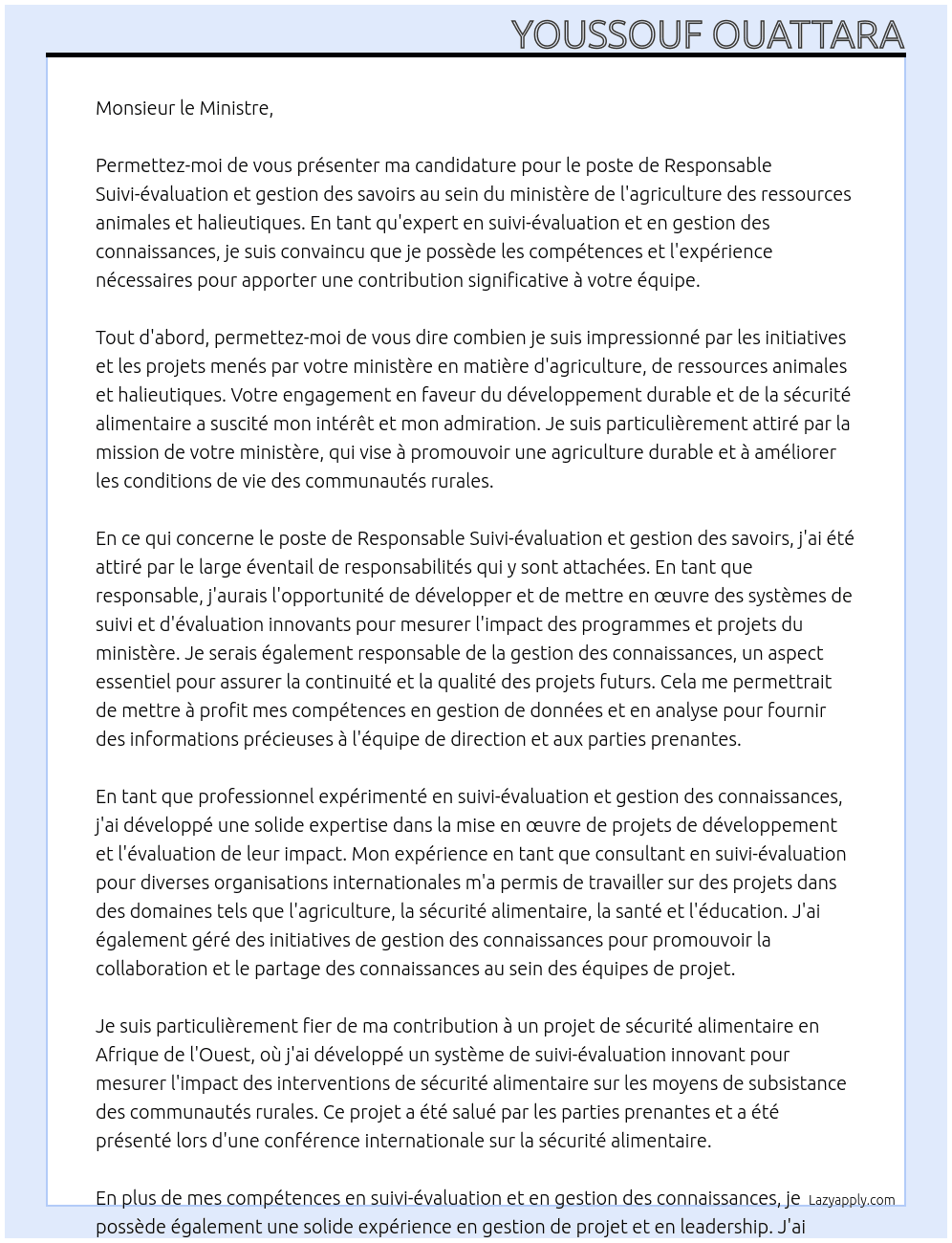 Responsable Suivi-évaluation et gestion des savoirs At ministère de l'agriculture des ressources animales et halieutiques Cover Letter