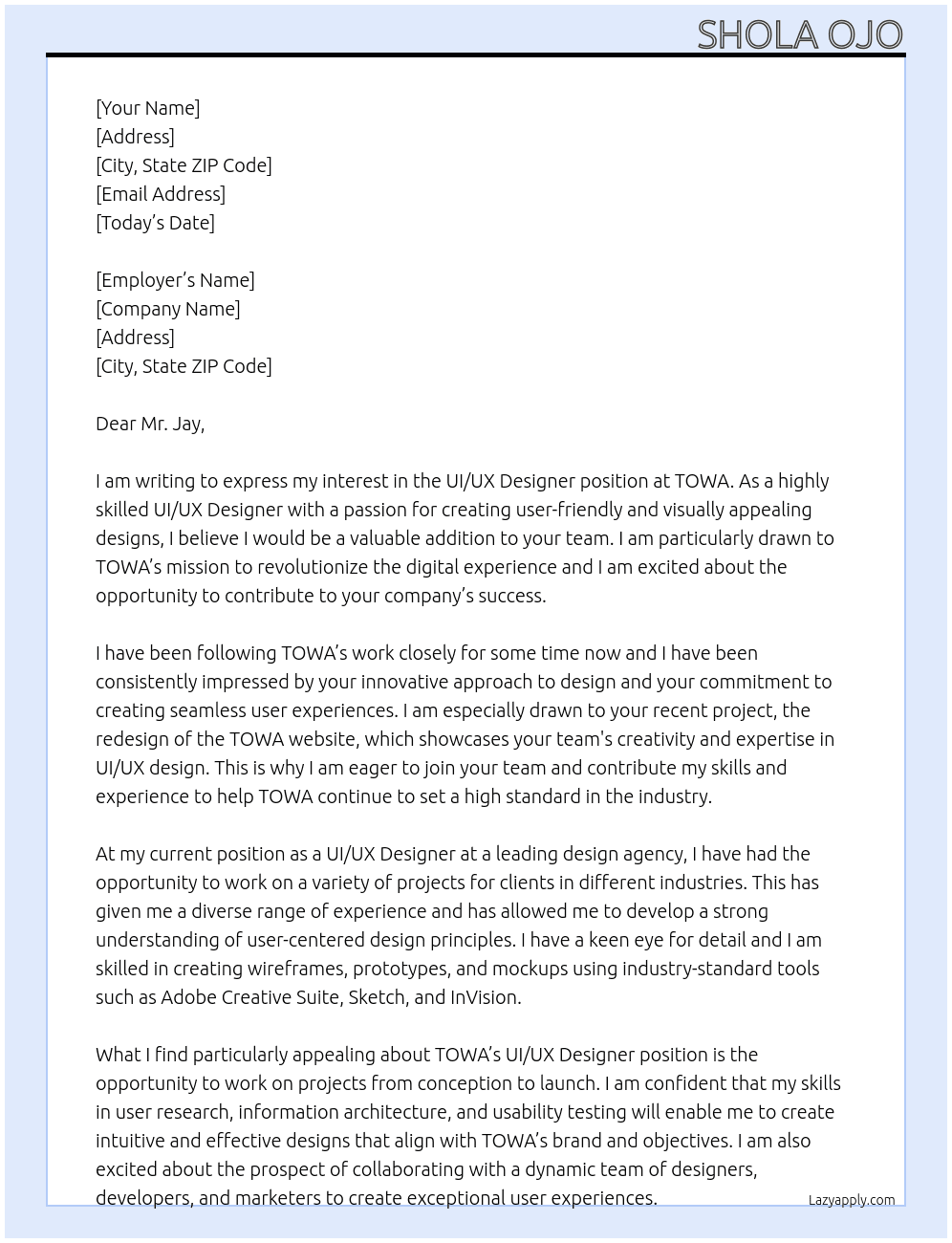 UI/UX Designer At TOWA Cover Letter