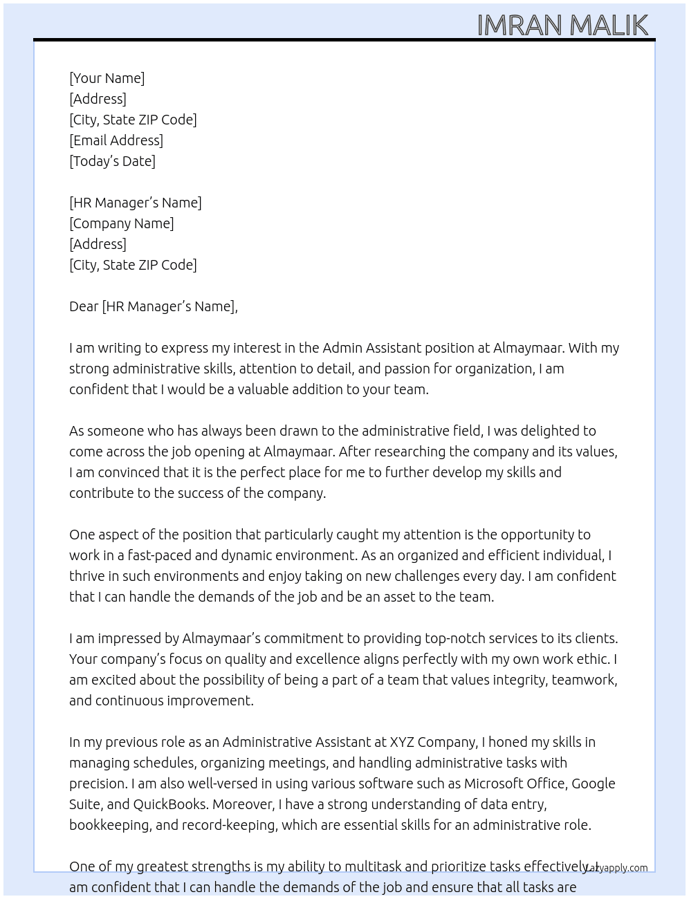 admin assistant At Almaymaar Cover Letter