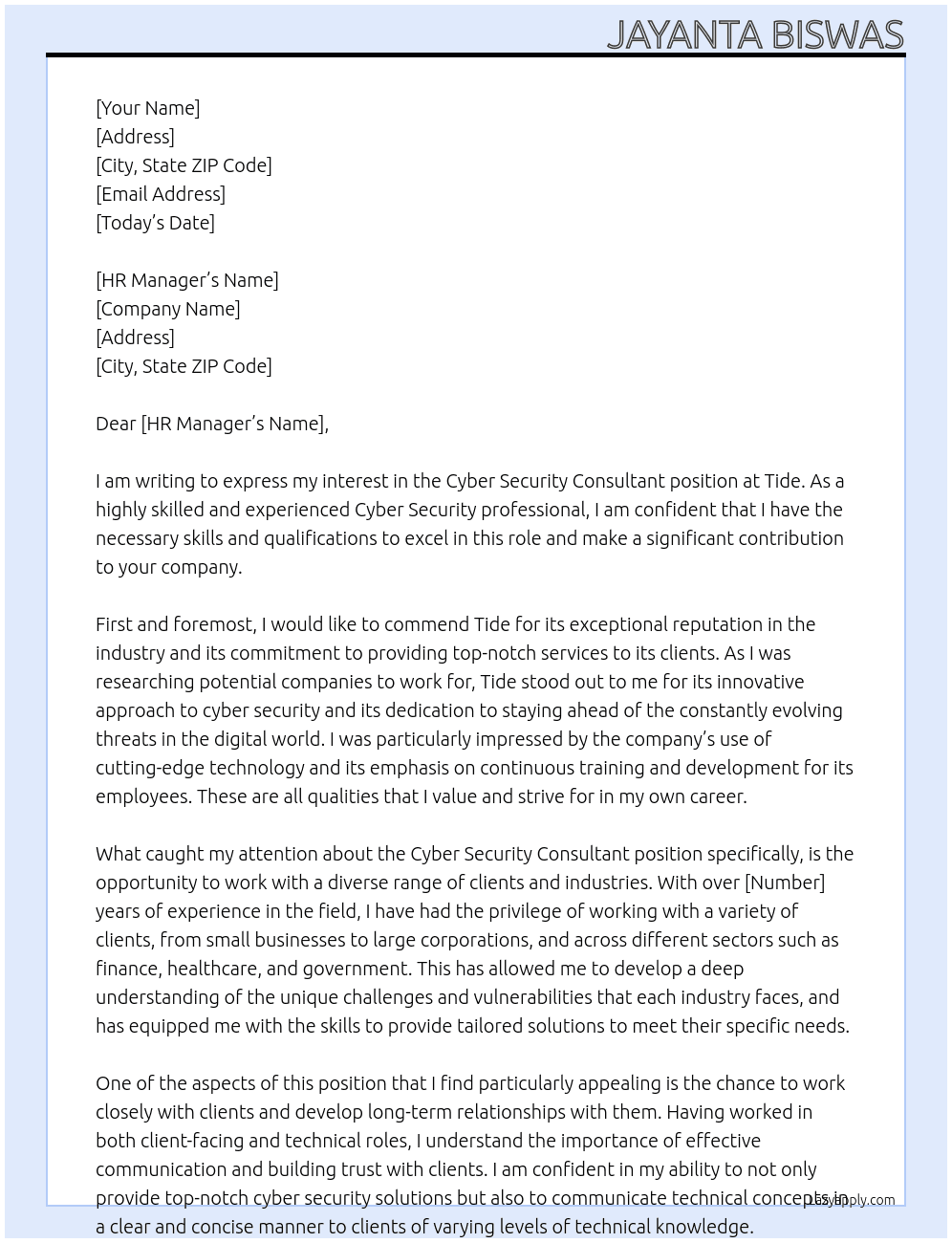 Cyber Security Consultant  At Tide Cover Letter