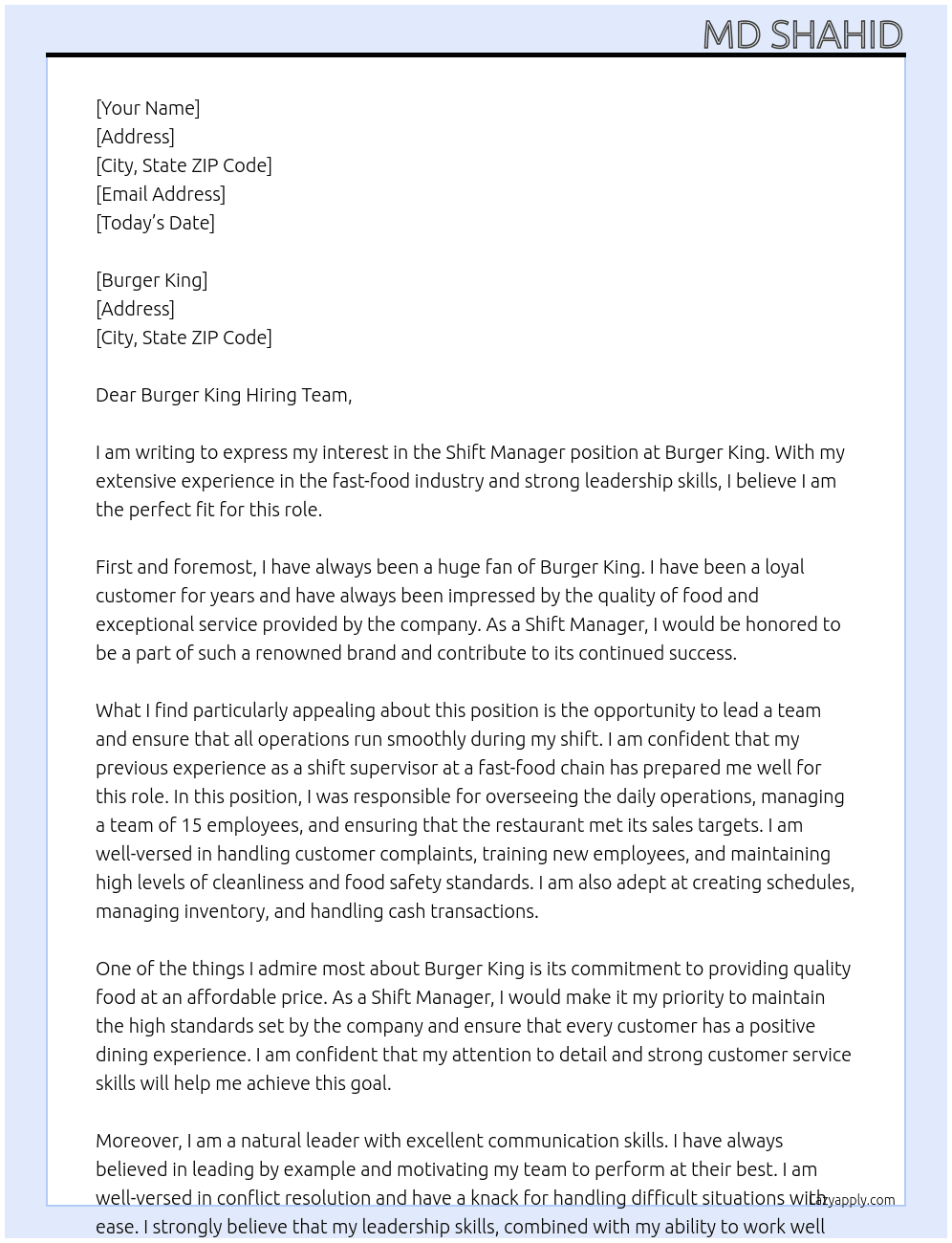Shift Manager At Burger King Cover Letter