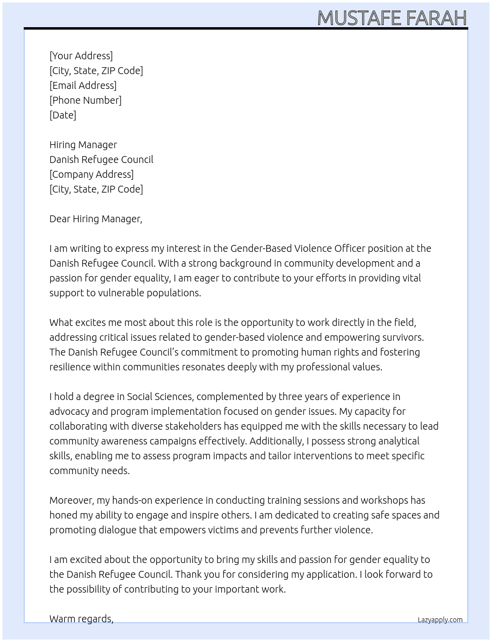 Gender Based Violence Officer At Danish Refugee Council Cover Letter