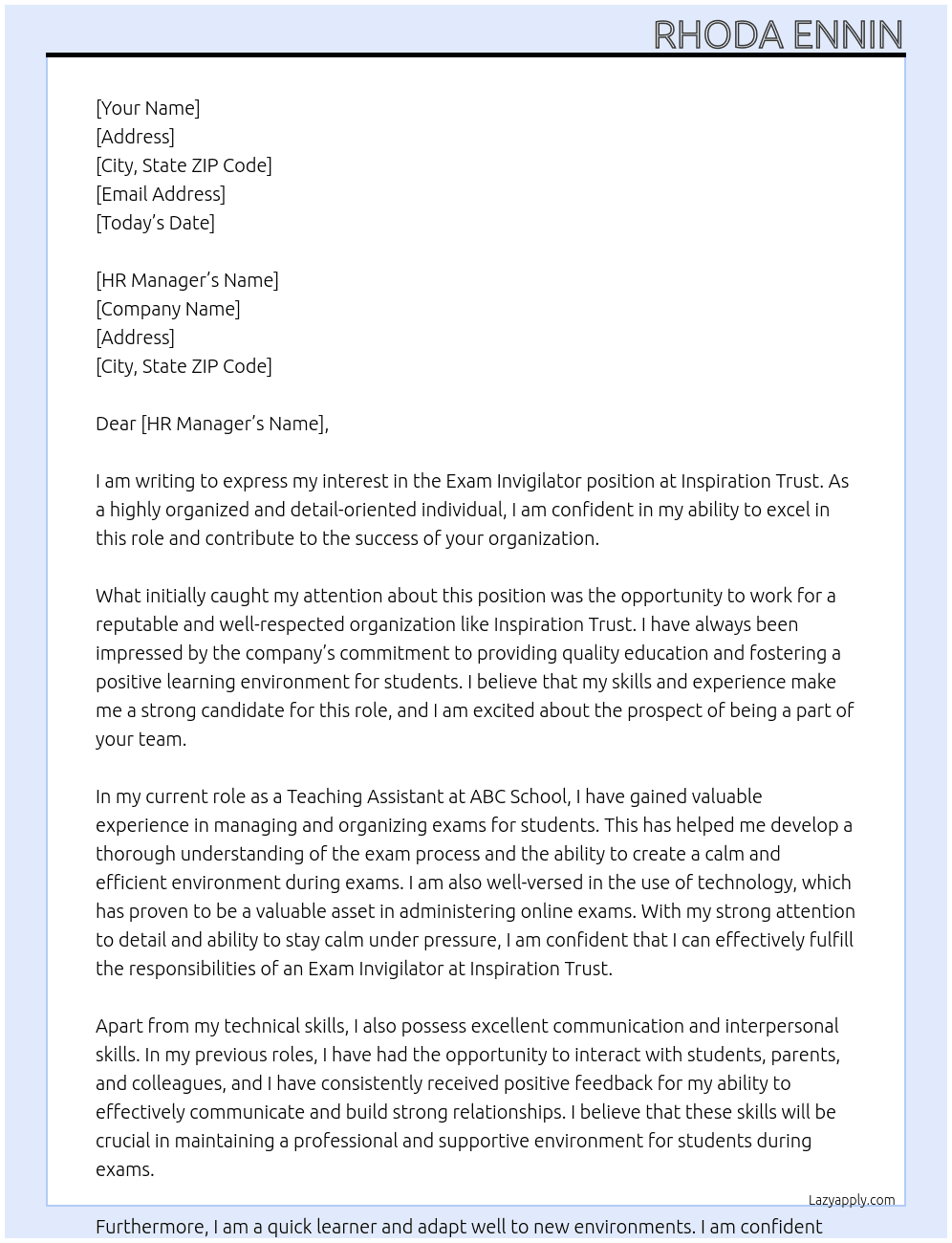 Exam invigilator At Inspiration Trust Cover Letter