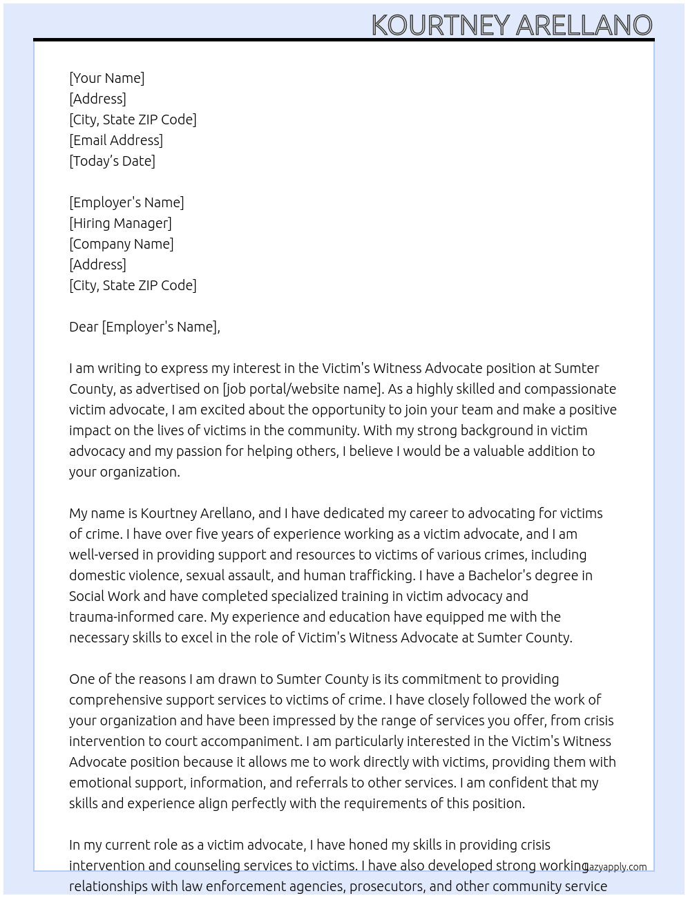 Victim's Witness Advocate At Sumter County Cover Letter